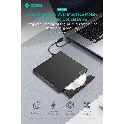 COTEETCI USB 2.0 AND TYPE-C DUAL INTERFACE MOBILE DVD BURNING OPTICAL DRIVE (OF-006) COTEETCI USB 2.0 AND TYPE-C DUAL INTERFACE MOBILE DVD BURNING OPTICAL DRIVE (OF-006)